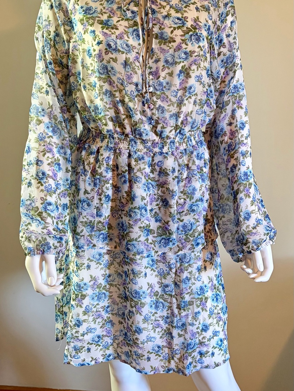 Love By Design White Blue Floral Tie-Neck Mini Dress